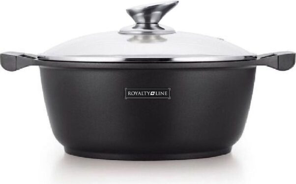 Oala cu capac sticla interior marmura Royalty Line RL-BS26ML, 26 cm, 4.8 l, negru